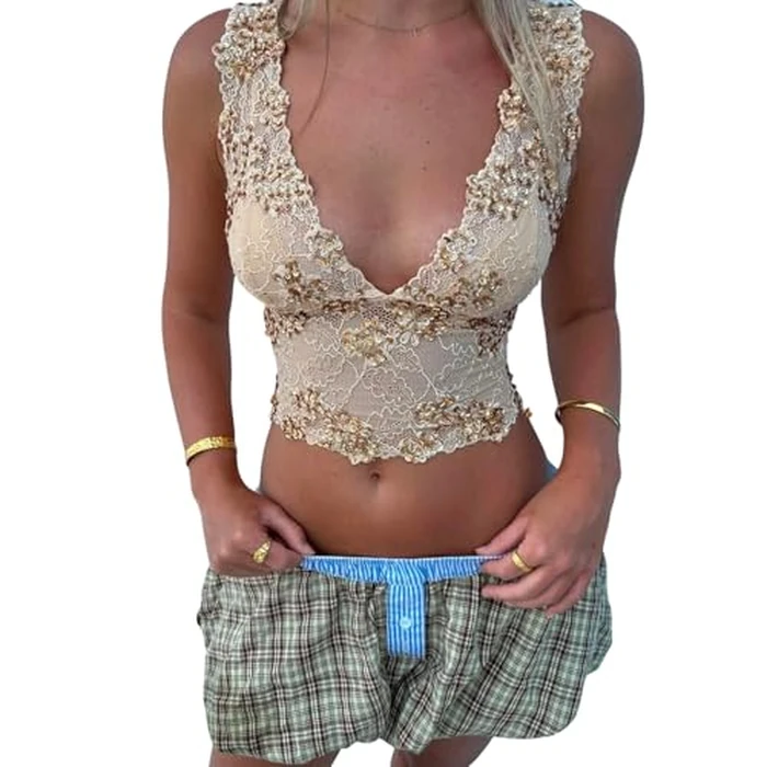 Women's Summer Lace Crop Tops Y2K Deep V-Neck Wide Strap Sleeveless Sequin Sparkle Tank Top Going Out Camisole (Yellow, S) by Eofnengsohio - Used - Like New condition