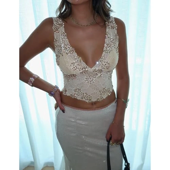 Women's Summer Lace Crop Tops Y2K Deep V-Neck Wide Strap Sleeveless Sequin Sparkle Tank Top Going Out Camisole (Yellow, S) by Eofnengsohio - Image 3