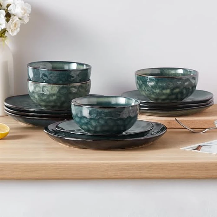 vancasso Starry Plates and Bowls Set for 4, 12 Pieces Dinnerware Set, Stoneware Plates Set, Dishwasher and Microwave Safe, Green by vancasso - Image 6