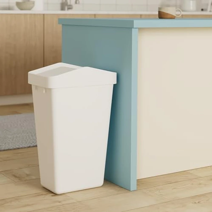 Rubbermaid Swing Top Waste Container for Home and Kitchen, Easy Access Disposal and Slim Modern Trash Can with Lid, 12.2 Gallon Capacity, White by Rubbermaid - Used - Acceptable condition