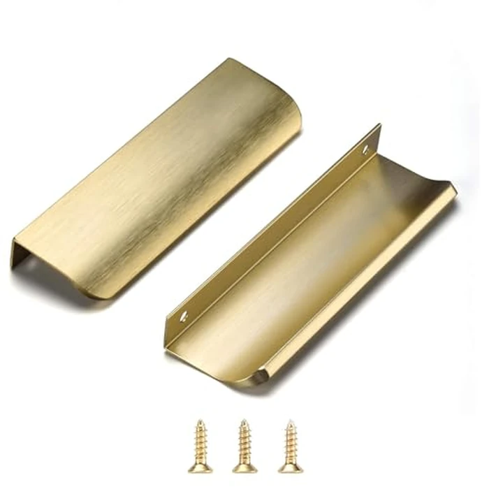 Satanga Edge Finger Tab Pulls for cabinets Kitchen Concealed Drawer Pull Aluminum Hidden Door Handles for Home Pack of 10 Modern Brushed Brass 6" Overall Length Easy Installation by Satanga - Used - Acceptable condition