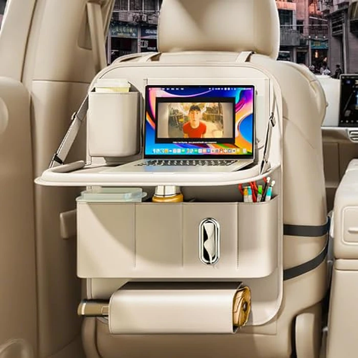 GMQ Backseat Car Organizer with Tray 1 Pack,Car Backseat Organizer with Foldable Table for Kids,Multifunctional Seat Back Organizer with Storage Pockets Car Storage Organizer (Beige) by GMQ - Used - Very Good condition - US$25.32