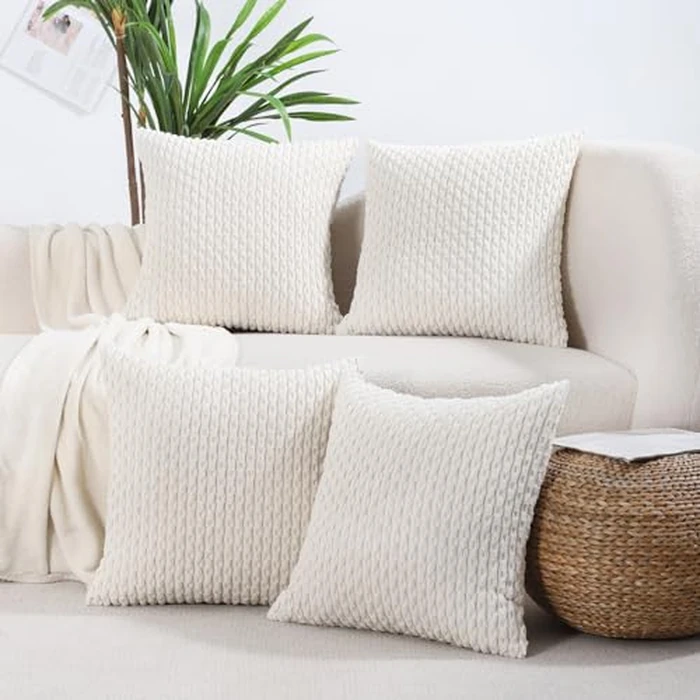 VAKADO Couch Decorative Throw Pillow Covers Cream White 18x18 Set of 4 Boho Corduroy Home Living Room Neutral Rustic Farmhouse Cushion Case Decor Square for Bed Sofa by VAKADO - Image 1
