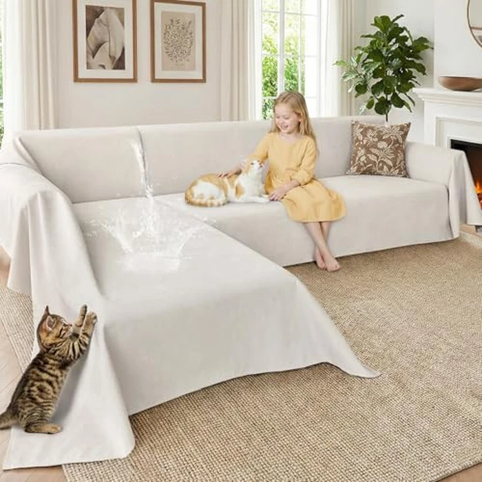 CAPALOCA Anti-Scratch Sectional Couch Covers for Sofa, 2 Pcs Water Resistant Couch Cover L Shape for Dog & Cat Pet-Friendly Non Slip Sofa Slipcovers Washable, 71"x 110" + 71"x 118", Beige by CAPALOCA - Used - Like New condition - US$69.20