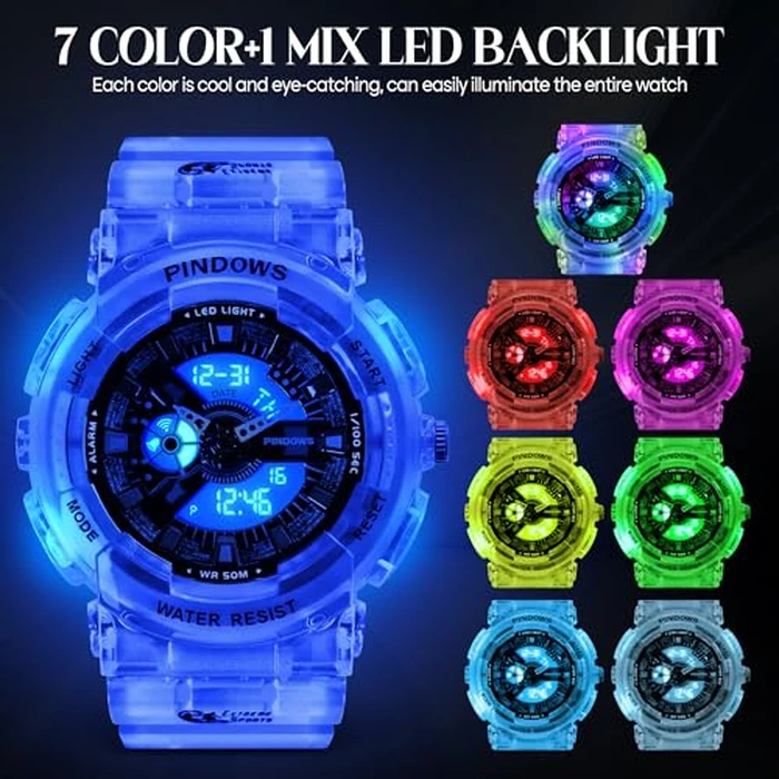PINIDOUS Women Watch for Women Teenagers Watch Outdoor Waterproof Digital Sports Analog Watches for Ladies Students with Stopwatch Alarm Countdown Dual Display 7 Color LED Backlight by PINIDOUS - Image 2