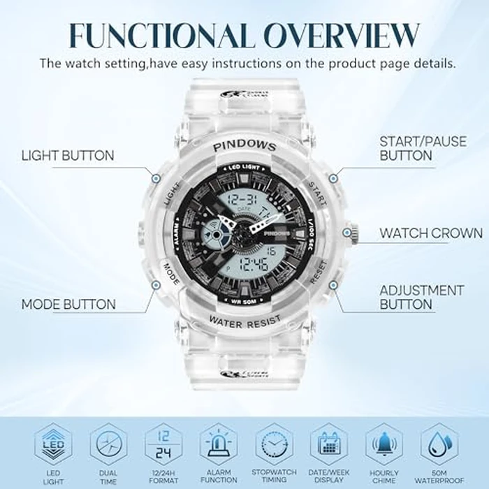 PINIDOUS Women Watch for Women Teenagers Watch Outdoor Waterproof Digital Sports Analog Watches for Ladies Students with Stopwatch Alarm Countdown Dual Display 7 Color LED Backlight by PINIDOUS - Image 3