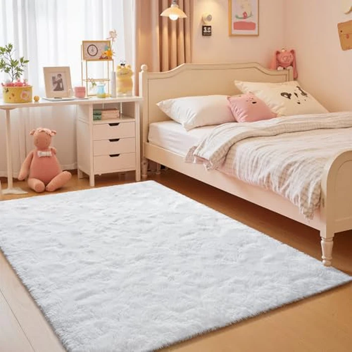 junovo Washable Area Rug for Girls Bedroom Living Room, Soft Non-Slip Fluffy Rugs, Shag Plush Memory Foam Carpet for Kids Room Baby Nursery Home Decor, 3' x 5' (Rectangular) White by junovo - Used - Very Good condition