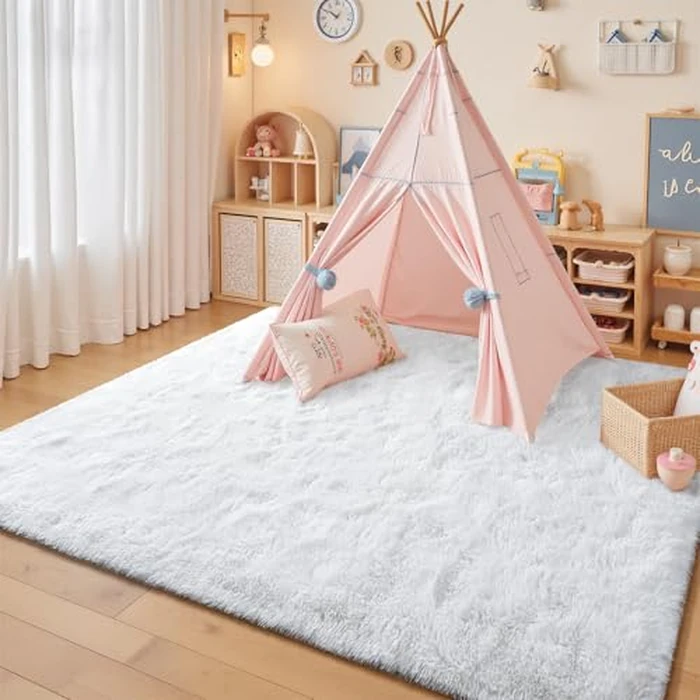 junovo Washable Area Rug for Girls Bedroom Living Room, Soft Non-Slip Fluffy Rugs, Shag Plush Memory Foam Carpet for Kids Room Baby Nursery Home Decor, 3' x 5' (Rectangular) White by junovo - Image 2