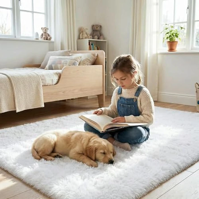 junovo Washable Area Rug for Girls Bedroom Living Room, Soft Non-Slip Fluffy Rugs, Shag Plush Memory Foam Carpet for Kids Room Baby Nursery Home Decor, 3' x 5' (Rectangular) White by junovo - Image 4