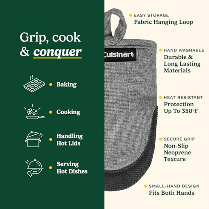 Cuisinart Mini Oven Mitts - 5.5” x 7” Heat-Resistant Kitchen Mitts for Oven with Non-Slip Neoprene Palm, Cotton Filling, and Fabric Loop - Durable Oven Mitt Set for Cooking & Baking (Chambray) by Best Brands - Image 5