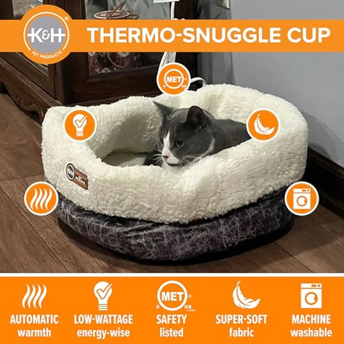 K&H Pet Products Heated Cat Bed Indoor, Thermo-Snuggle Cup Bomber Soft Heated Pet Bed for Large Indoor Cats and Small Dogs, Machine Washable, Waterproof Heated Pad, Safety Listed - 18 X 14in Gray by K&H Pet Products - Image 3