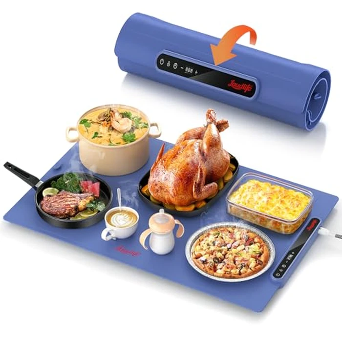 Laudlife Electric Warming Mat for Food, Roll-Up Silicone Heating Pad with 7 Adjustable Tempmaster Levels, Foldable Warming Tray for Countertop,Buffet Party, Kitchen & Home, Child Lock, Dark Blue by LAUDLIFE - Used - Acceptable condition
