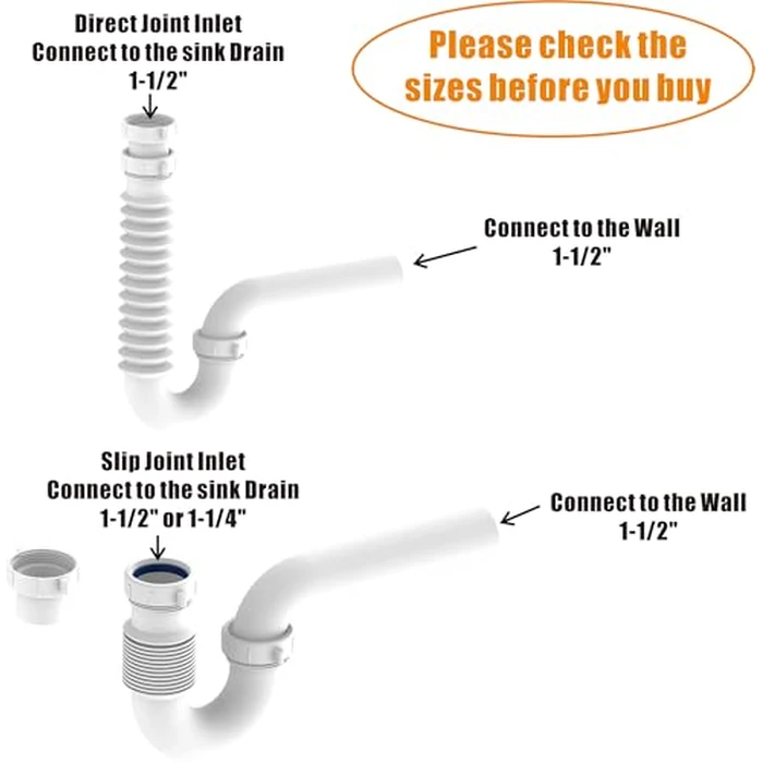 Flexible P Trap for Bathroom Sink, Flex Drain Pipe for Bathroom Sink Drain Kit and Kitchen Sink Drain Kit, 1-1/2" or 1-1/4" Expandable Sink Trap, Slip Joint or Direct Connection 1/2 Inch P Trap Kit by Variimage - Image 5