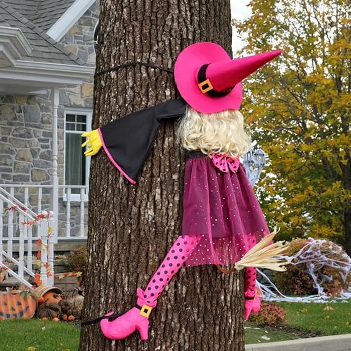 HOIIOH 53" Crashing Witch Halloween Decoration - Funny Pink Witch Tree Prop for Yard, Porch, Door, Fence, Patio, Lawn, Garden - Indoor & Outdoor Hanging Halloween Decor by HOIIOH - Image 1