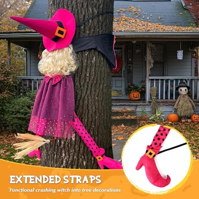 HOIIOH 53" Crashing Witch Halloween Decoration - Funny Pink Witch Tree Prop for Yard, Porch, Door, Fence, Patio, Lawn, Garden - Indoor & Outdoor Hanging Halloween Decor by HOIIOH - Image 6