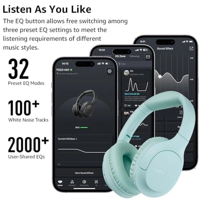 TOZO HA1 Bluetooth 5.4 Over Ear Headphones, 70H Playtime with Mic, Foldable Wireless Headset, Deep Bass Stereo Sound Customizable 32 EQ Music Mode Via Button & App for Travel and Home, Upgraded by TOZO - Image 8