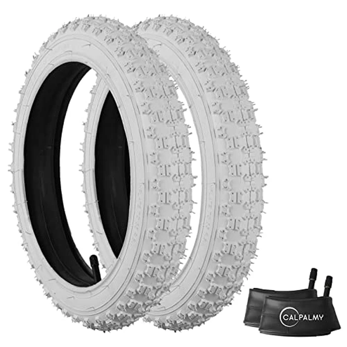 (2 Sets) 16” x 2.125 Kids Bike Replacement White Tires and Tubes - Compatible with Most 16” Kids Bikes Like RoyalBaby, Joystar, and Dynacraft - Made from BPA/Latex Free Butyl Rubber by CalPalmy - Used - Good condition - CA$20.59