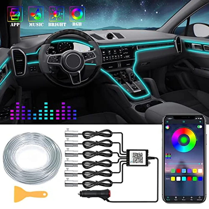 DEHERANE Interior Car LED Strip Lights, RGB 6 in 1 Ambient Lighting Kits with 315 inches Fiber Optic, 16 Million Colors APP Wireless Control Car Neon Lights, with Music Sync Function by DEHERANE - Used - Like New condition - US$23.15