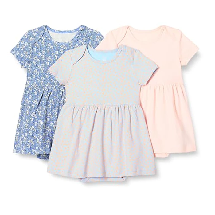 Amazon Essentials Baby Girls' Short Sleeve Bodysuit Dress, Everyday Dresses, Pack of 3, Pale Pink/Blue Posey Floral, 18 Months by Amazon Essentials - Used - Like New condition