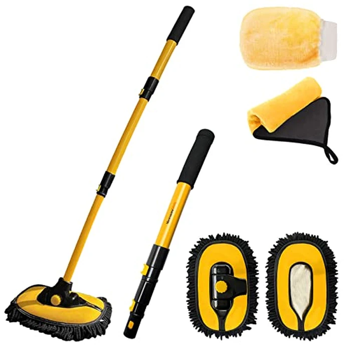 YeewayVeh Car Wash Brush Mop with Long Handle, Car Wash Kit with Replaceable Chenille Mop Head, 15 degrees Curved Extension Pole Scratch-Free Microfiber Mitt Auto Cleaning Supplies Accessories, Yellow by YeewayVeh - Used - Acceptable condition - CA$18.08
