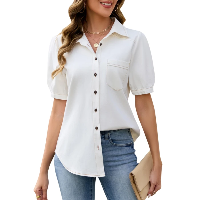 BMJL Womens Denim Shirt Business Casual Button Down Work Blouses Puff Sleeve Summer Tops(L,Off White) by BMJL - Used - Like New condition - US$29.72