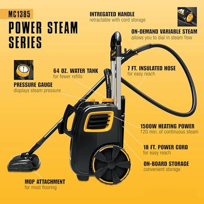 McCulloch MC1385 Deluxe Canister Steam Cleaner, 2-Hour Runtime, Chemical-Free, 23 Accessories: Mop Head, Brushes & More - Built for Home, Tile, Carpet, Furniture, & Personal Car Detailing by McCULLOCH - Image 4