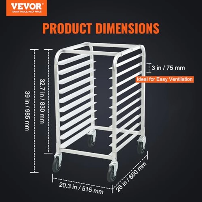 VEVOR 10-Tier Bun Pan Rack, Aluminum Racking Trolley Storage with Brake Wheels, Commercial Bakery Racks for Half & Full Sheet, Speed Rack For Kitchen Home, Bread Baking Equipment, 26"L x 20.3"W x 39"H by VEVOR - Image 2