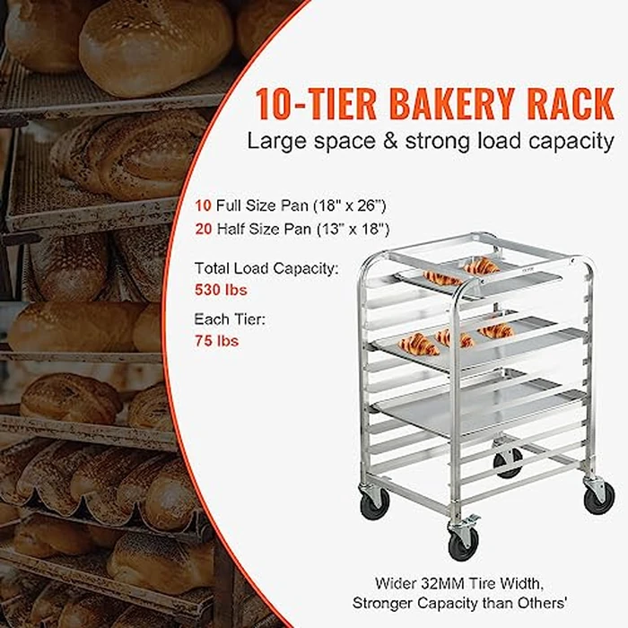 VEVOR 10-Tier Bun Pan Rack, Aluminum Racking Trolley Storage with Brake Wheels, Commercial Bakery Racks for Half & Full Sheet, Speed Rack For Kitchen Home, Bread Baking Equipment, 26"L x 20.3"W x 39"H by VEVOR - Image 3