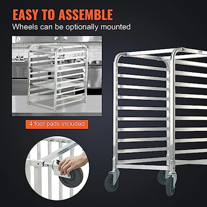 VEVOR 10-Tier Bun Pan Rack, Aluminum Racking Trolley Storage with Brake Wheels, Commercial Bakery Racks for Half & Full Sheet, Speed Rack For Kitchen Home, Bread Baking Equipment, 26"L x 20.3"W x 39"H by VEVOR - Image 5