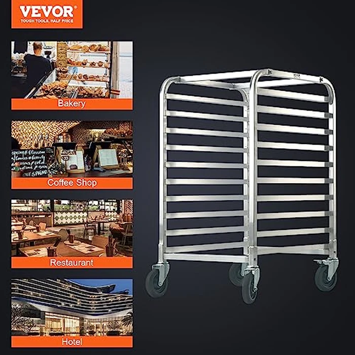VEVOR 10-Tier Bun Pan Rack, Aluminum Racking Trolley Storage with Brake Wheels, Commercial Bakery Racks for Half & Full Sheet, Speed Rack For Kitchen Home, Bread Baking Equipment, 26"L x 20.3"W x 39"H by VEVOR - Image 7