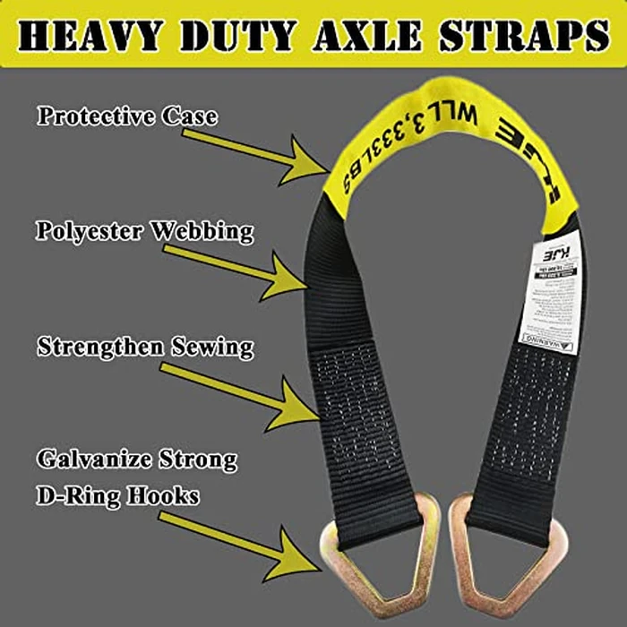 KJE Heavy Duty Car Trailer Tie Down Straps 4 Pack Kit - 2" x 8' Ratchet Straps + J-Hooks with Clip, 2" x 36'' Axle Straps - 10,000lbs Break Strength - Use for Car, Truck, UTV Transport by KJE - Image 4