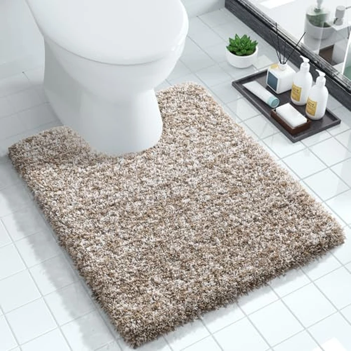 Yimobra Toilet Rugs U Shaped Washable 24x20, Ultra Soft and Water Absorbent Bath Mats, Non Slip Fluffy Shaggy Luxury Microfiber Contour Bath Rugs for Toilet, Dry Quick, Light Brown and White by Yimobra - Used - Like New condition - US$18.89