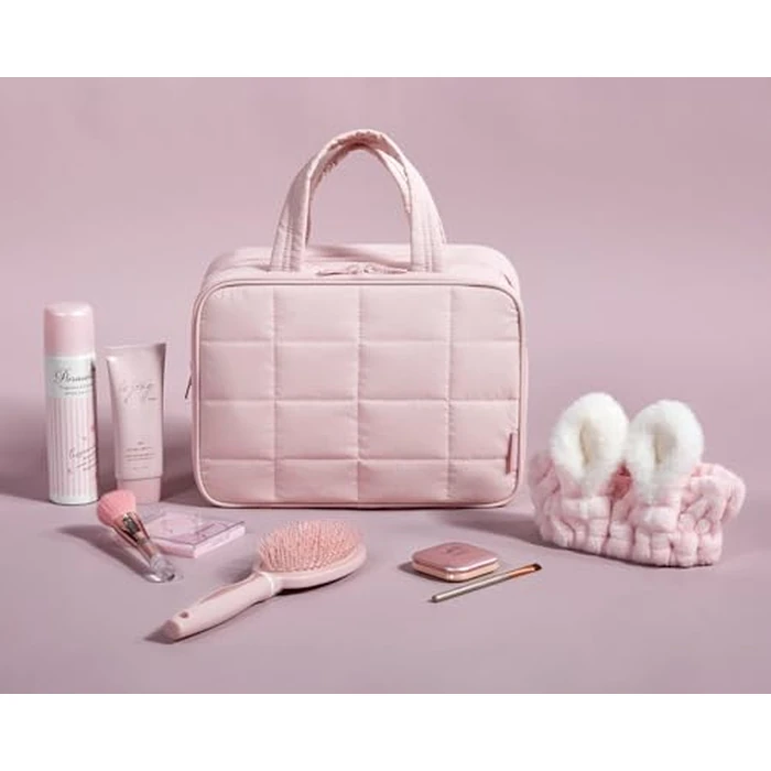 BAGSMART Travel Toiletry Bag with Jewelry Organizer, Hanging Travel Bag for Toiletries, Puffy Makeup Cosmetic Bag Organizer, Carry-on Travel Accessories Essentials, Pink-M by BAGSMART - Used - Like New condition - US$16.70