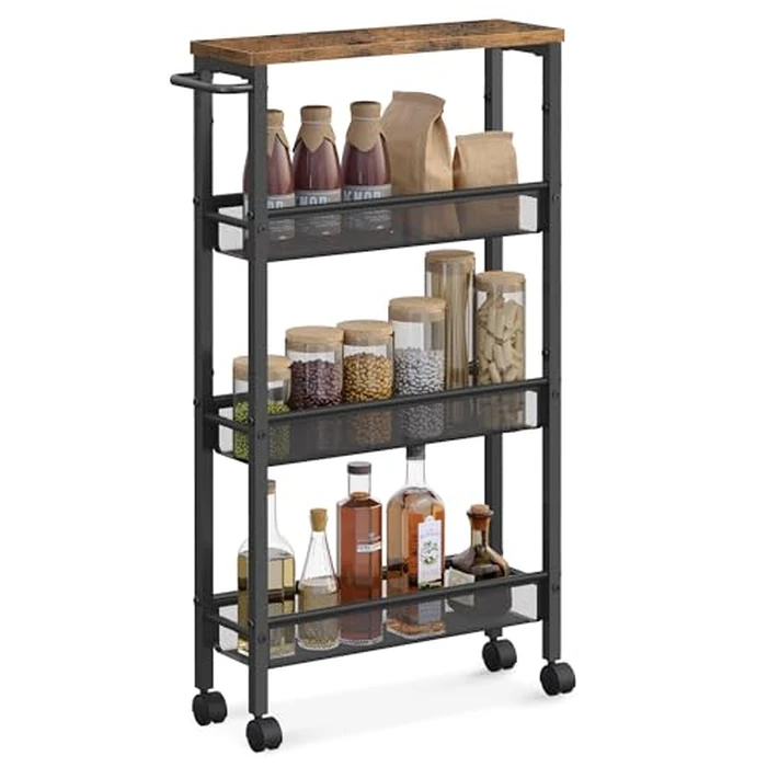 VASAGLE Slim Rolling Cart, 4-Tier Storage Cart with Handle, 13 cm Deep, Metal Frame, Narrow for Kitchen, Dining Room, Living Room, Home Office, Rustic Brown and Black ULRC032B01V1 by VASAGLE - Used - Very Good condition - CA$31.42