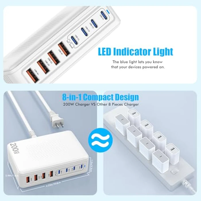 USB C Charger Block,200W GaN 8 Port USB C Charging Station USB Hub Block Cube Type C & USB A Wall Charger Power Adapter for Multiple Devices Apple iPhone 16/15/14,Steam Deck,MacBook Pro/Air,iPad Pro by Fitquipment - Image 5