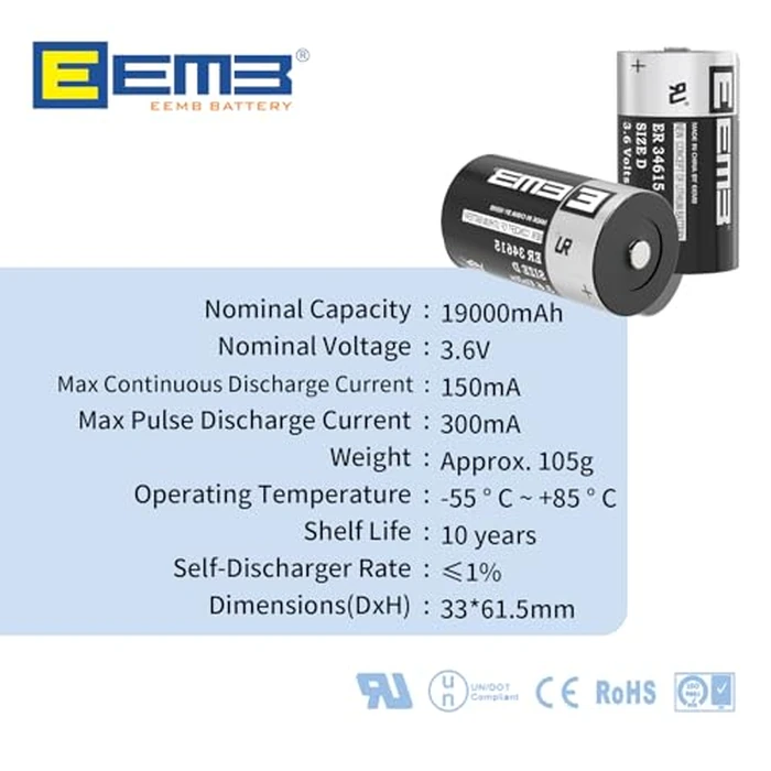 4Pack EEMB 3.6V D Cell Batteries ER34615 D Size Lithium Batteries 19000mAh Li-SOCL₂ Non-Rechargeable Battery LS-33600 XL-205F for CNC & Printing Machine Tool,Meter,Clock & 2 Year Manufacturer Warranty by EEMB - Image 3