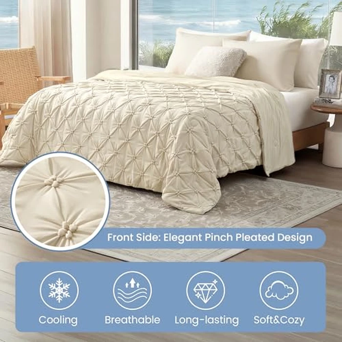 Amélie Home Elegant Pintuck Cooling Comforter, Queen Size, Cooling Blanket for Hot Sleepers, Lightweight Summer Bedding with Q-Max 0.45 Cooling Fabric, Breathable Cold Blanket, 90x90 Inches, Beige by Amélie Home - Image 2
