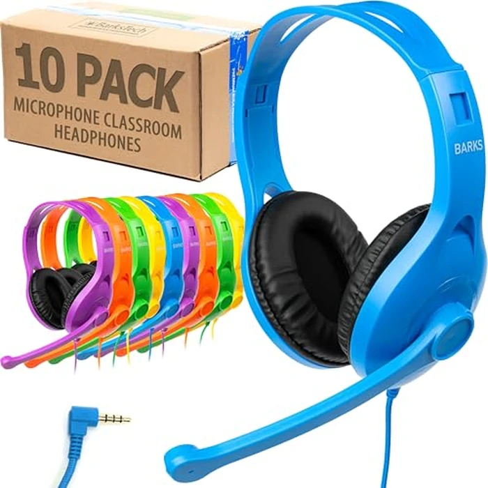 Barks Classroom Headphones with Microphone (10 Pack, Mixed Colors) - Superior On-Ear Bulk Headphones for School: Best for Students K-12 Classrooms (Rotating Boom Mic, Good Recording Quality) by Barks - Image 1