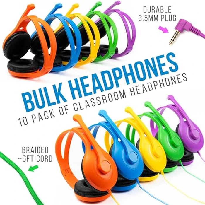 Barks Classroom Headphones with Microphone (10 Pack, Mixed Colors) - Superior On-Ear Bulk Headphones for School: Best for Students K-12 Classrooms (Rotating Boom Mic, Good Recording Quality) by Barks - Image 2
