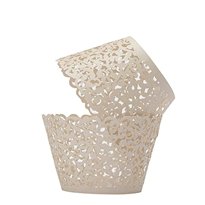 T-Language 100pcs Cupcake Wrappers Lace Cupcake Liners Laser Cut Artistic Bake Cake Paper Cups Muffin Paper Holders for Wedding Party Birthday Decoration Beige by T-Language - Used - Acceptable condition