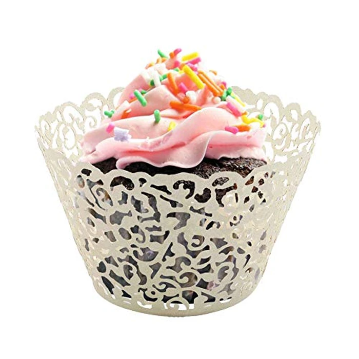 T-Language 100pcs Cupcake Wrappers Lace Cupcake Liners Laser Cut Artistic Bake Cake Paper Cups Muffin Paper Holders for Wedding Party Birthday Decoration Beige by T-Language - Image 3