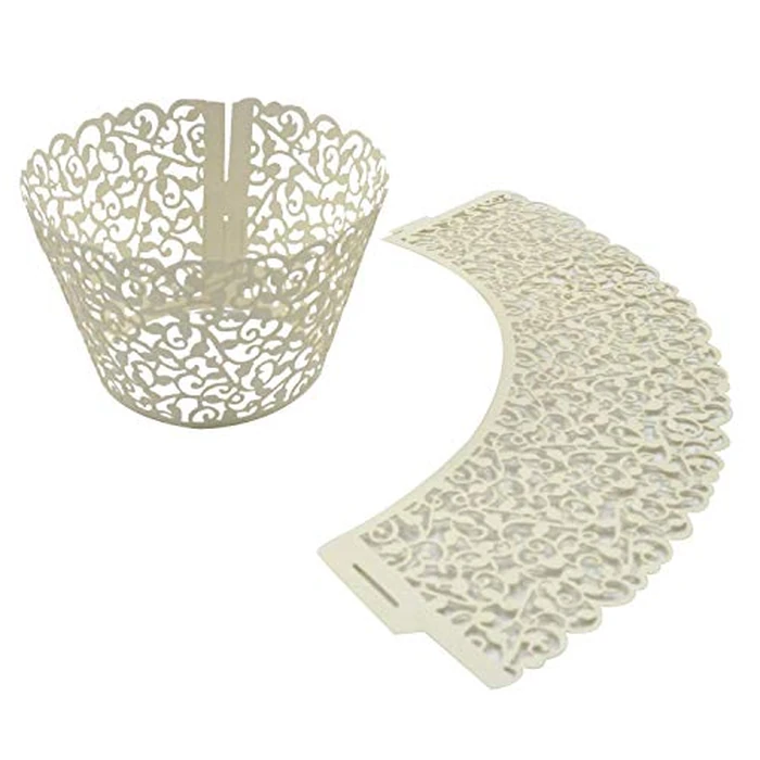 T-Language 100pcs Cupcake Wrappers Lace Cupcake Liners Laser Cut Artistic Bake Cake Paper Cups Muffin Paper Holders for Wedding Party Birthday Decoration Beige by T-Language - Image 4
