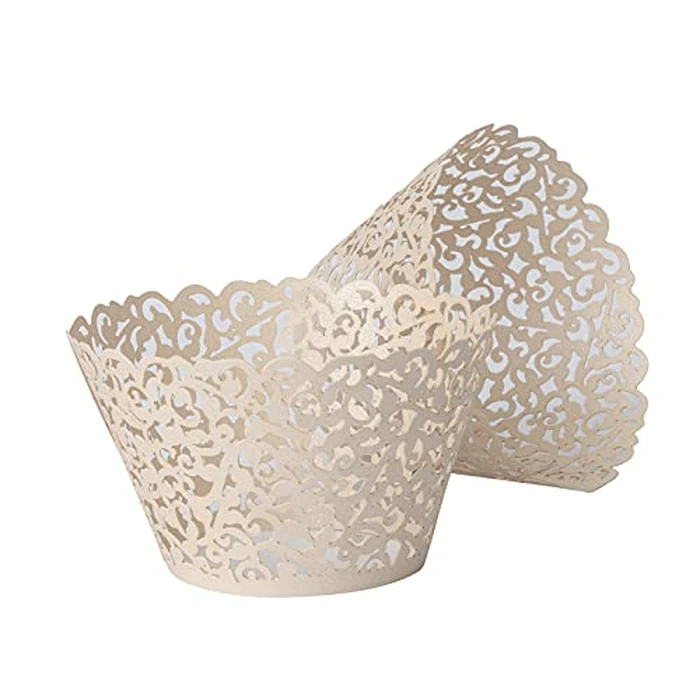 T-Language 100pcs Cupcake Wrappers Lace Cupcake Liners Laser Cut Artistic Bake Cake Paper Cups Muffin Paper Holders for Wedding Party Birthday Decoration Beige by T-Language - Image 6