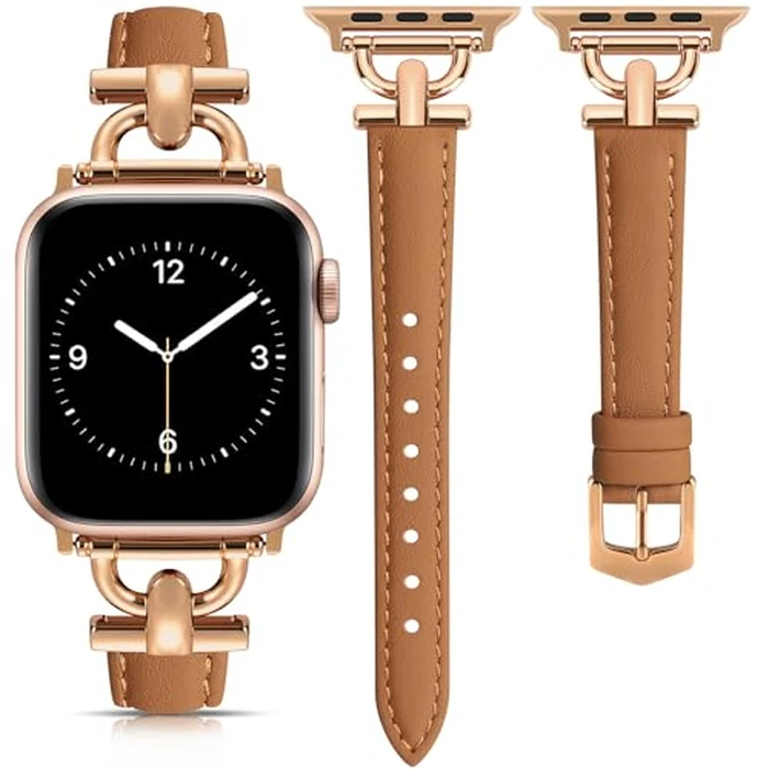 mxiixnai Leather Band Compatible with Apple Watch Strap Women, Genuine Leather Wristband with D-Shape Metal Buckle for iWatch Bands Series 10/9/8/7/6/5/4/3/2/1/se/Ultra/Ultra 2(49/46/45/44/42mm,Light Brown/Rose Gold) by mxiixnai - Image 1