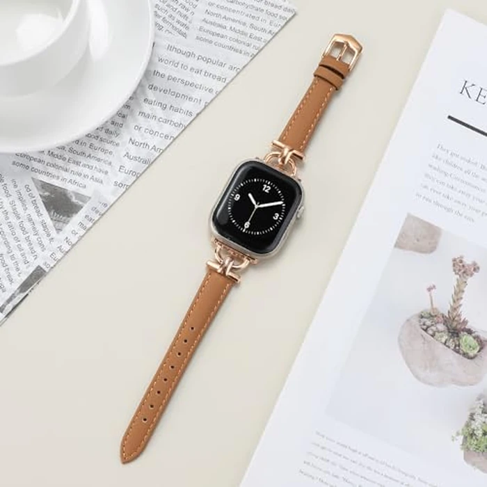 mxiixnai Leather Band Compatible with Apple Watch Strap Women, Genuine Leather Wristband with D-Shape Metal Buckle for iWatch Bands Series 10/9/8/7/6/5/4/3/2/1/se/Ultra/Ultra 2(49/46/45/44/42mm,Light Brown/Rose Gold) by mxiixnai - Image 2