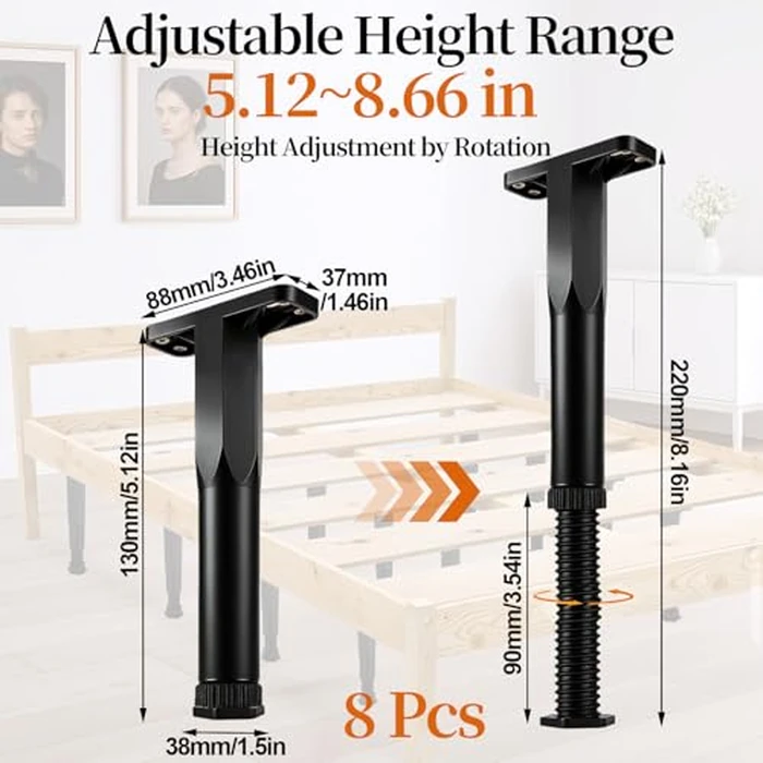 Hanlintk 8PCS Adjustable Bed Frame Support Legs (5.1"-8.3"), Frame Center Slats Heavy Support Leg W/Screws for Bed Frame/King Queen Bed/Slats/Cabinet/Dresser/Table/Sofa/Chair (8pcs (5.1"-8.3")) by Hanlintk - Image 2