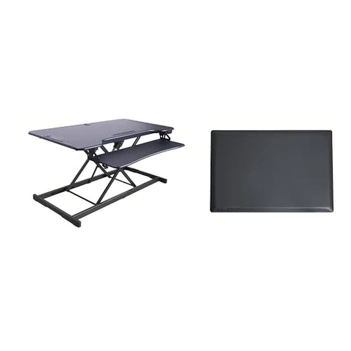 Rocelco 46" Electric Standing Desk Converter with AC Outlet USB Charger and Anti-Fatigue Floor Mat - Motorized Adjustable Sit Stand Riser - Tabletop Workstation Keyboard Tray - Black (R EDRB-46-MAFM) by Rocelco - Used - Very Good condition