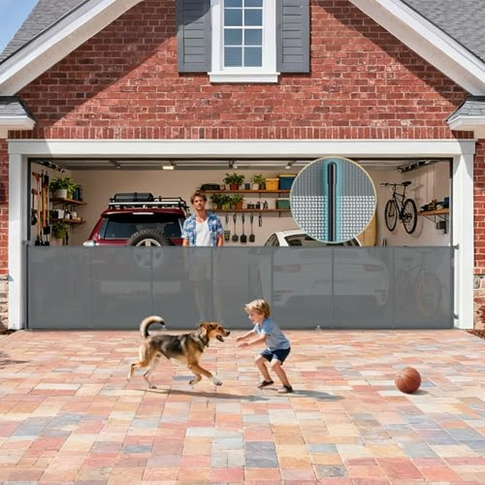 5 Meters Retractable Baby Gate Extra Wide, 42'' Extra Tall Mesh Gate for Indoor/Outdoor, 200'' Grey Reinforced Retractable Dog Gate with Reinforcement Rod for Doorways, Stairs, Large Openings by AMAZKRUS - Image 1