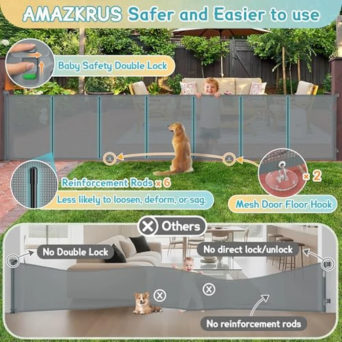 5 Meters Retractable Baby Gate Extra Wide, 42'' Extra Tall Mesh Gate for Indoor/Outdoor, 200'' Grey Reinforced Retractable Dog Gate with Reinforcement Rod for Doorways, Stairs, Large Openings by AMAZKRUS - Image 2