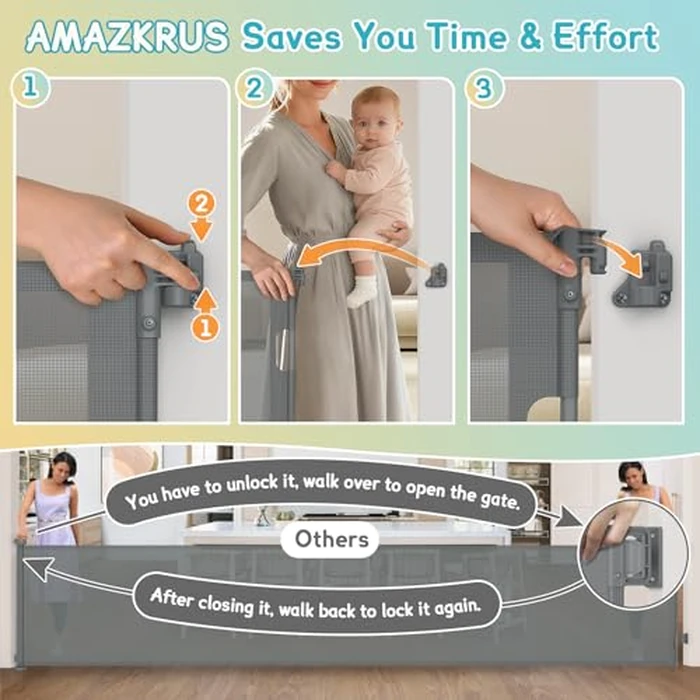 5 Meters Retractable Baby Gate Extra Wide, 42'' Extra Tall Mesh Gate for Indoor/Outdoor, 200'' Grey Reinforced Retractable Dog Gate with Reinforcement Rod for Doorways, Stairs, Large Openings by AMAZKRUS - Image 5
